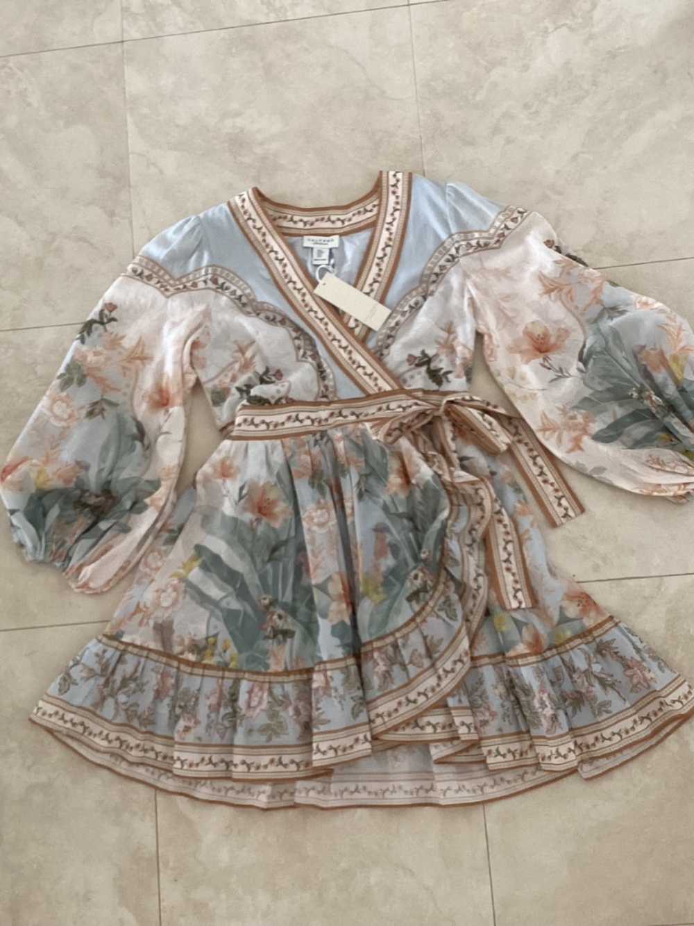 Calypso St. Barth Cotton Pastel Blue Floral V-Neck Faux Wrap Frill Mini Dress - Picture 10 of 16